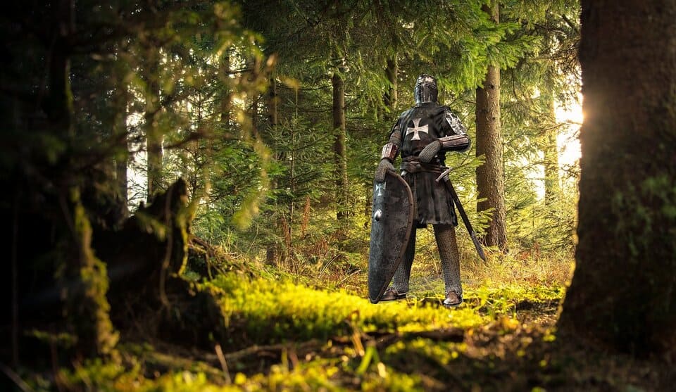 heavy armored knight in woods