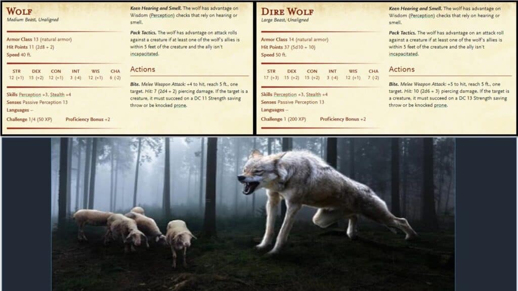 5E wolf vs dire wolf comparison