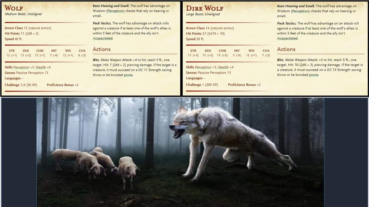 5E Wolf Direwolf Guide Challenging Wild Encounters Assorted Meeples   5E Wolf Direwolf Comparison 