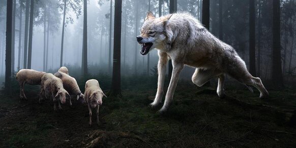 Wolf attacking sheep in woods