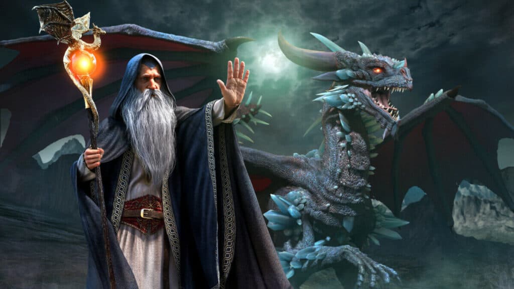 Wizard standing with dragon