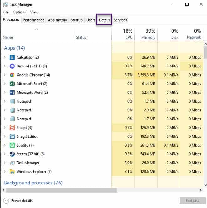 Task Manager Tab