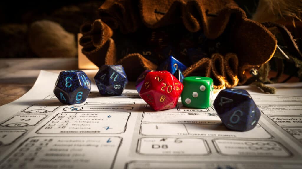 dice bag open on dnd character sheet