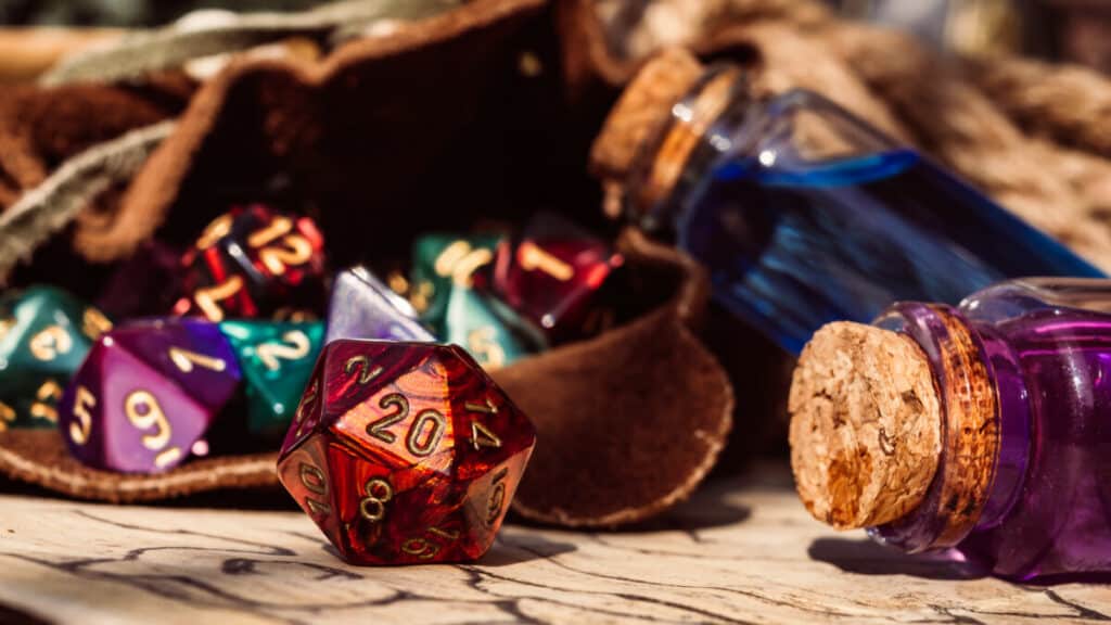 d20 dice out of bag with vials of blue liquid