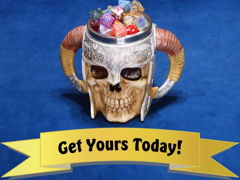 dnd dice in decorative skull mug