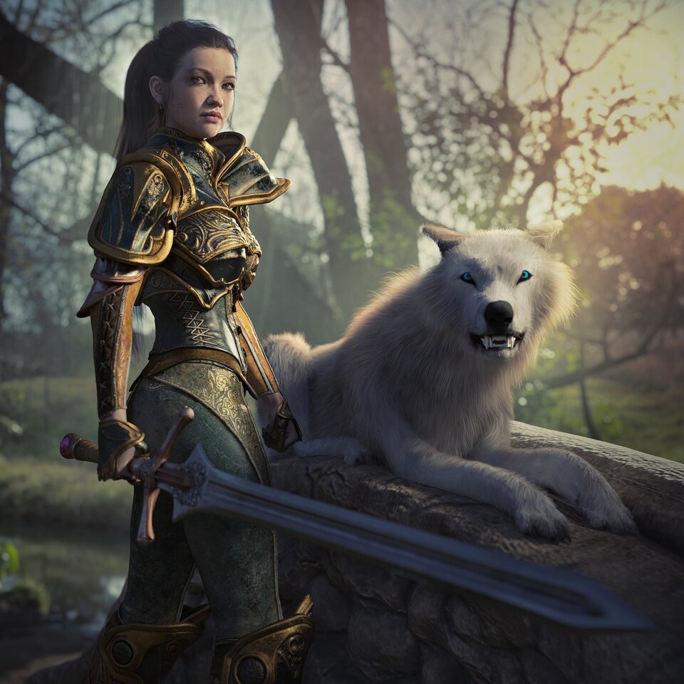 female fantasy warrior with wolf