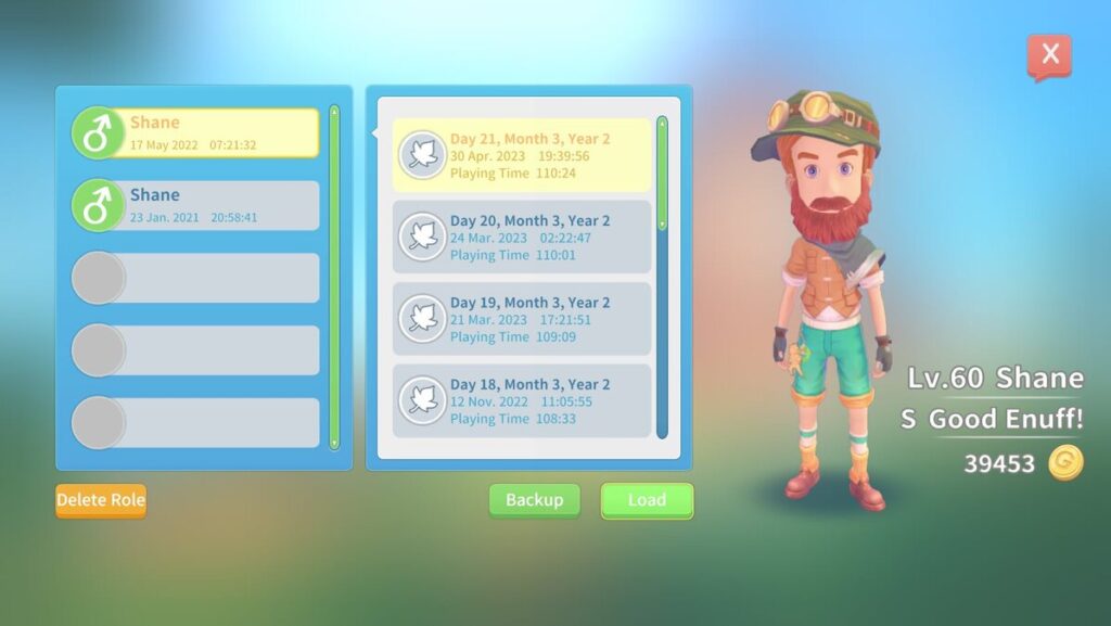 my time at portia saved games screen