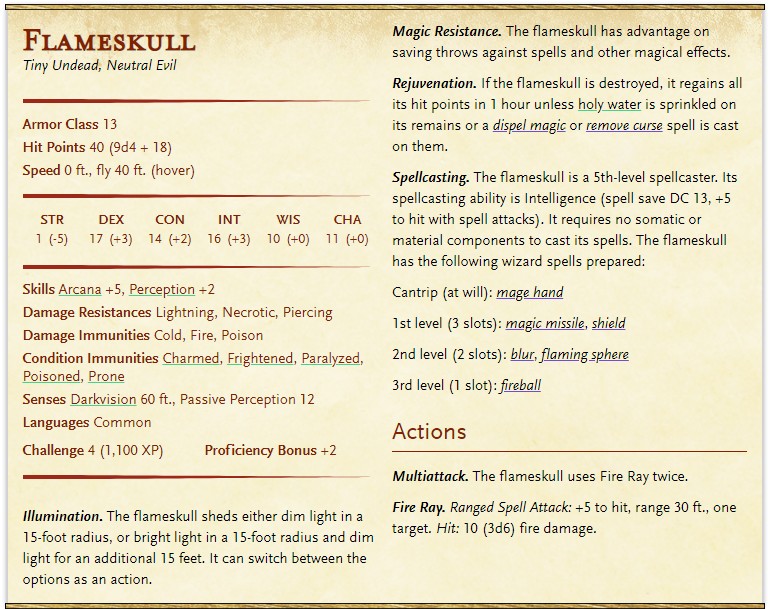 5E Flameskull stat block