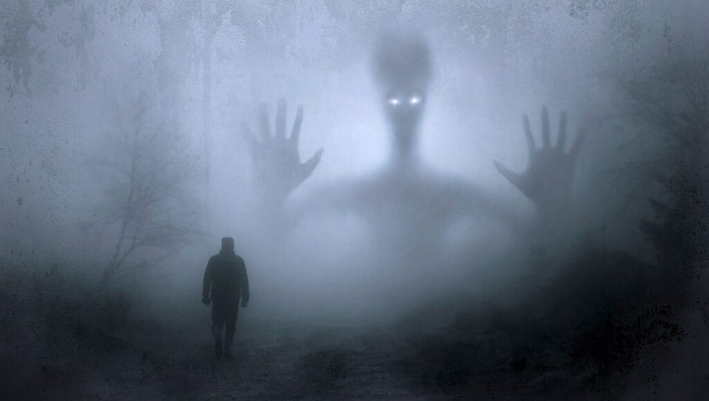 large spirit monster in mist in front of shadowy person