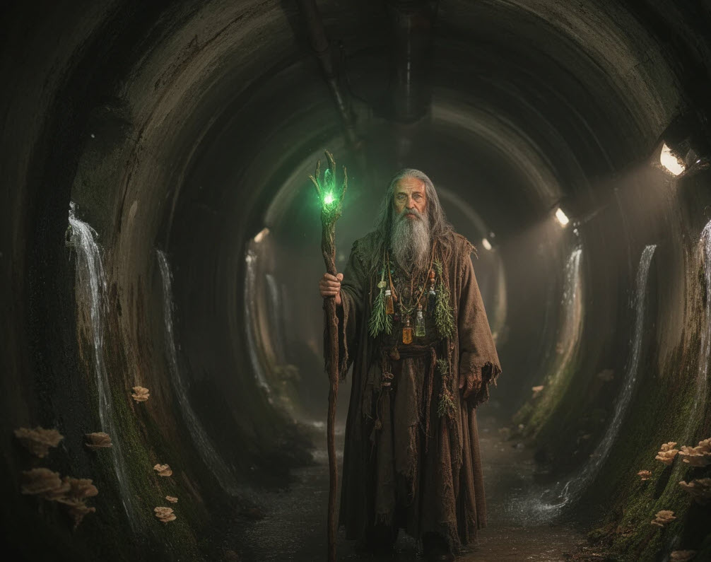 Druid standing in underground sewer